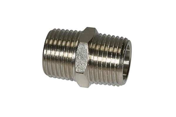 Doppelgewindenippel R 1/4 a.; R 1/4 a.; SW 14; Messing vernickelt
